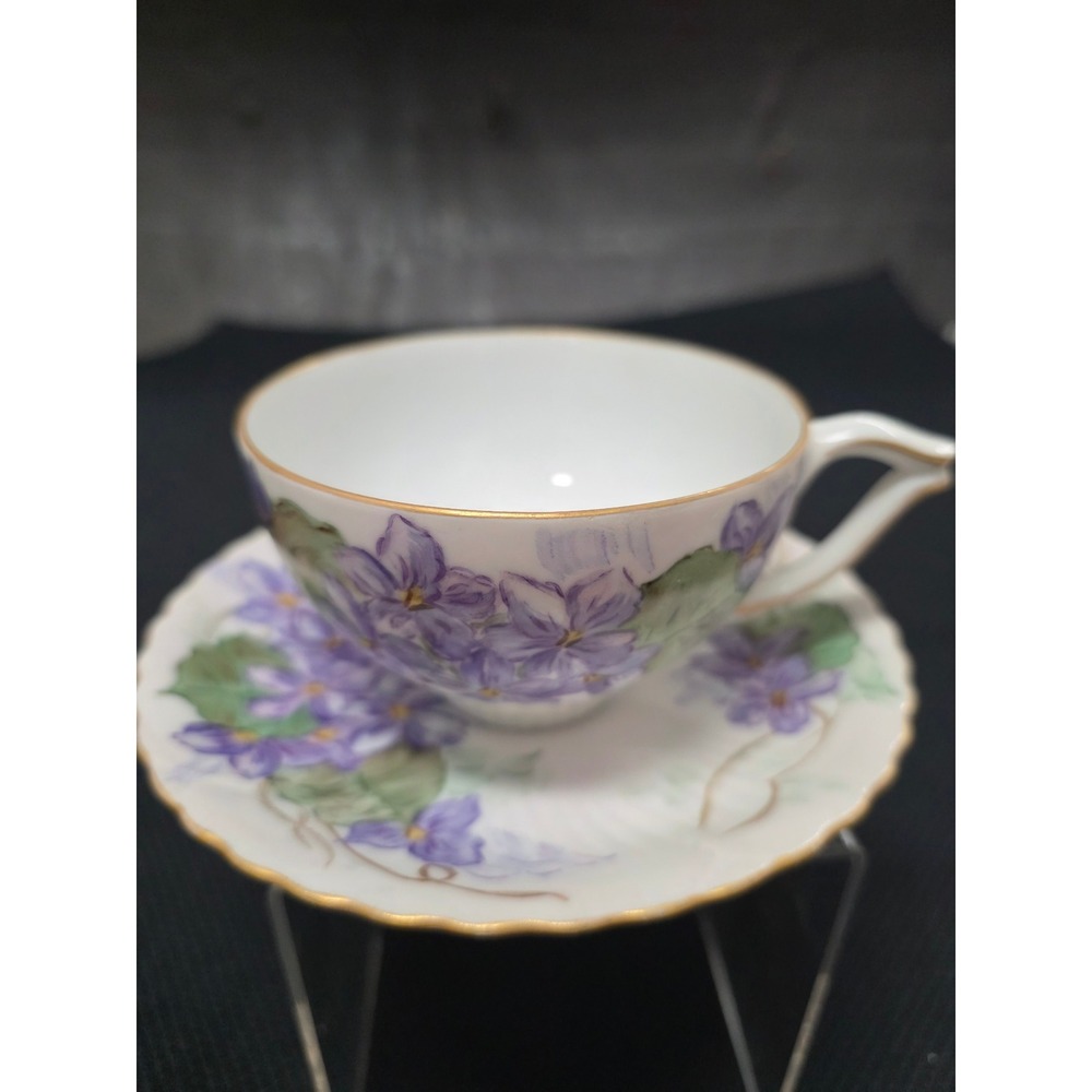 Vintage Hand Painted Purple Violet Floral Porcelain Tea Cup and Saucer Set Gold - Picture 8 of 9